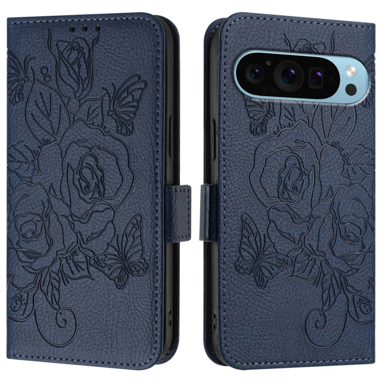 For Google Pixel 9 Pro XL Embossed Rose RFID Anti-theft Leather Phone Case(Dark Blue) - Google Cases by buy2fix | Online Shopping UK | buy2fix