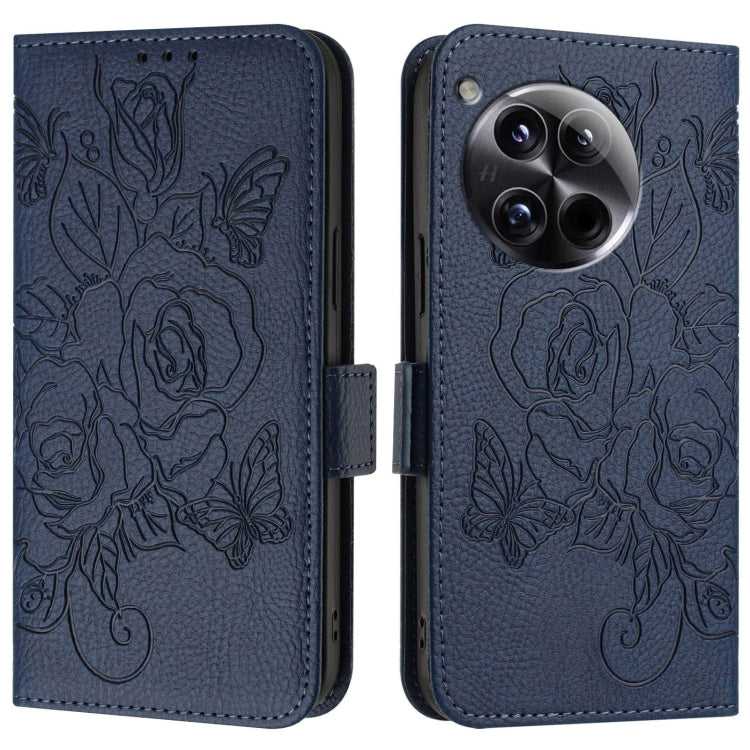 For OnePlus 12 5G Embossed Rose RFID Anti-theft Leather Phone Case(Dark Blue) - OnePlus Cases by buy2fix | Online Shopping UK | buy2fix