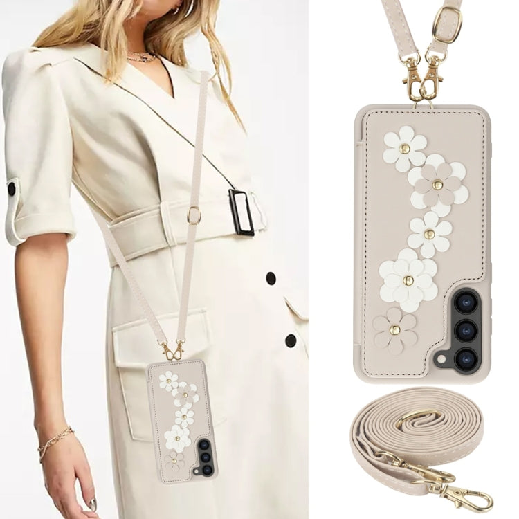 For Samsung Galaxy S25+ 5G Crossbody Flower Pattern Leather Phone Case(White) - Galaxy S23+ 5G Cases by buy2fix | Online Shopping UK | buy2fix