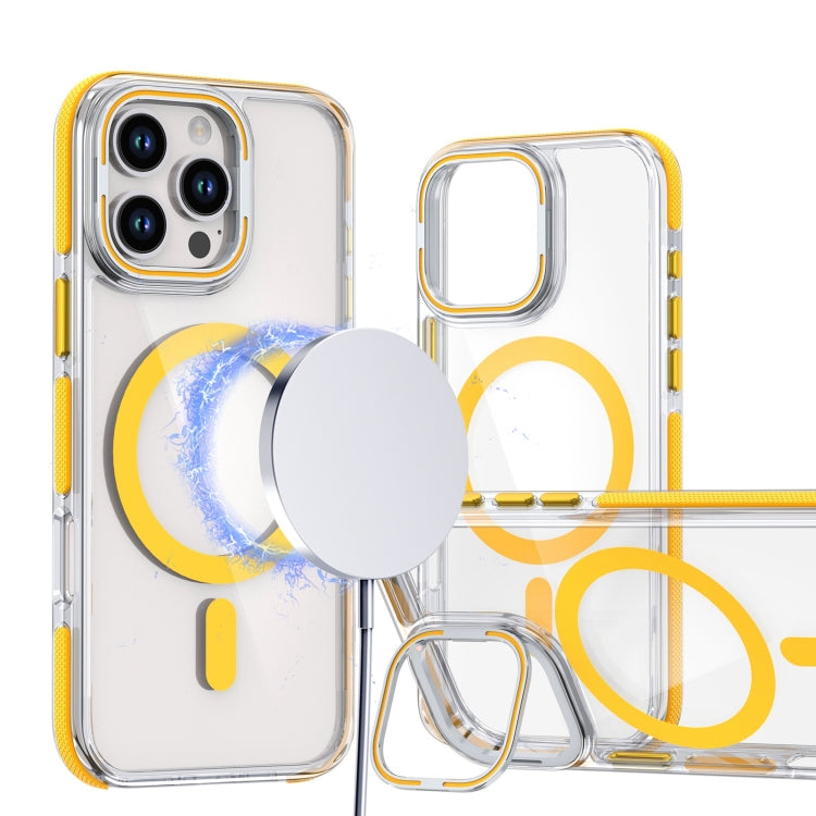 For iPhone 16 Pro Dual-Color Clear Acrylic Hybrid TPU Lens Flip Holder MagSafe Phone Case(Yellow) - iPhone 16 Pro Cases by buy2fix | Online Shopping UK | buy2fix