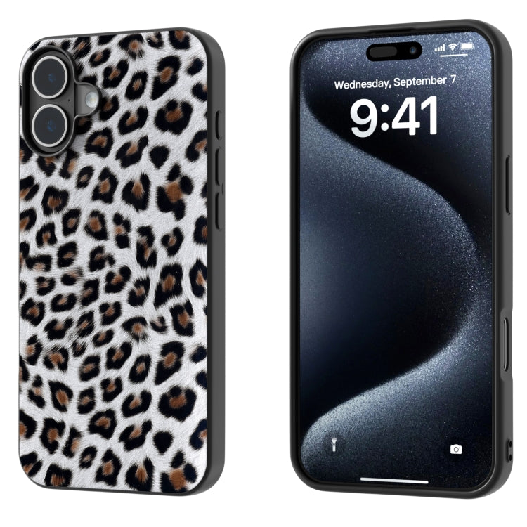 For iPhone 16 Black Frame Leopard Phone Case(Silver Leopard) - iPhone 16 Cases by buy2fix | Online Shopping UK | buy2fix