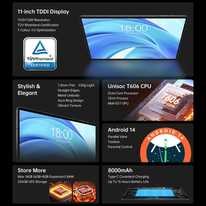 Teclast T50HD Tablet PC 11 inch, 6GB+256GB,  Android 14 Unisoc T606 Octa Core, 4G LTE Dual SIM - TECLAST by TECLAST | Online Shopping UK | buy2fix
