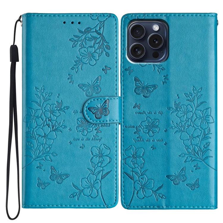 For iPhone 16 Pro Max Butterflies and Flowers Leather Phone Case(Blue) - iPhone 16 Pro Max Cases by buy2fix | Online Shopping UK | buy2fix