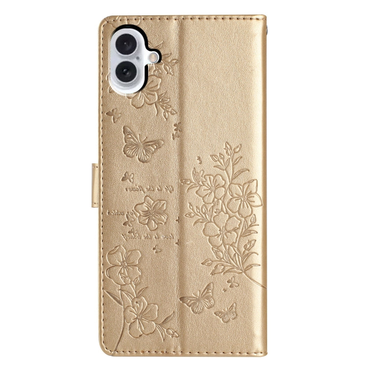 For iPhone 16 Plus Butterflies and Flowers Leather Phone Case(Gold) - iPhone 16 Plus Cases by buy2fix | Online Shopping UK | buy2fix