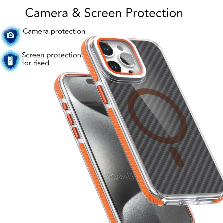 For iPhone 16 Magsafe Dual-Color Carbon Fiber Lens Film Phone Case with Lens Fold Holder(Orange) - iPhone 16 Cases by buy2fix | Online Shopping UK | buy2fix