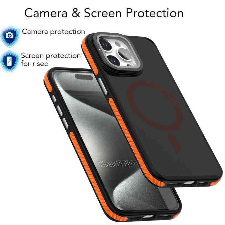 For iPhone 16 Pro Magsafe Dual-Color Skin Feel Lens Film Phone Case with Lens Fold Holder(Orange) - iPhone 16 Pro Cases by buy2fix | Online Shopping UK | buy2fix