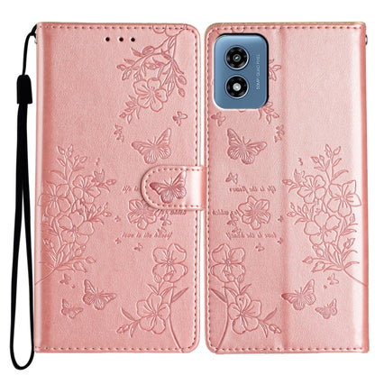 For Motorola Moto G Play 5G 2024 Butterflies and Flowers Leather Phone Case(Rose Gold) - Motorola Cases by buy2fix | Online Shopping UK | buy2fix