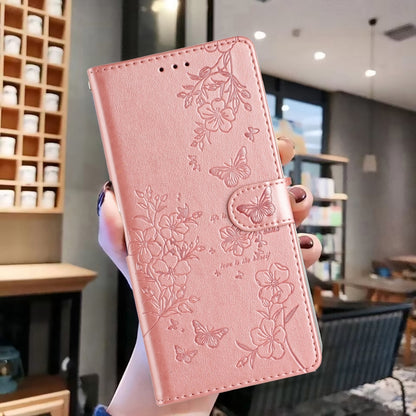 For Motorola Moto G Play 5G 2024 Butterflies and Flowers Leather Phone Case(Rose Gold) - Motorola Cases by buy2fix | Online Shopping UK | buy2fix