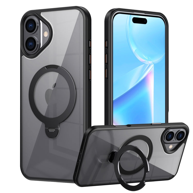 For iPhone 16 Plus Transparent MagSafe Magnetic Rotating Ring Holder Phone Case(Black) - iPhone 16 Plus Cases by buy2fix | Online Shopping UK | buy2fix