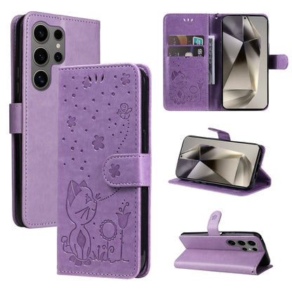 For Samsung Galaxy S25 Ultra 5G Cat and Bee Embossed Flip Leather Phone Case(Purple) - Galaxy S25 Ultra 5G Cases by buy2fix | Online Shopping UK | buy2fix