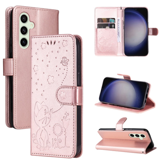 For Samsung Galaxy S25 / S24 5G Cat and Bee Embossed Flip Leather Phone Case(Rose Gold) - Galaxy S25 5G Cases by buy2fix | Online Shopping UK | buy2fix