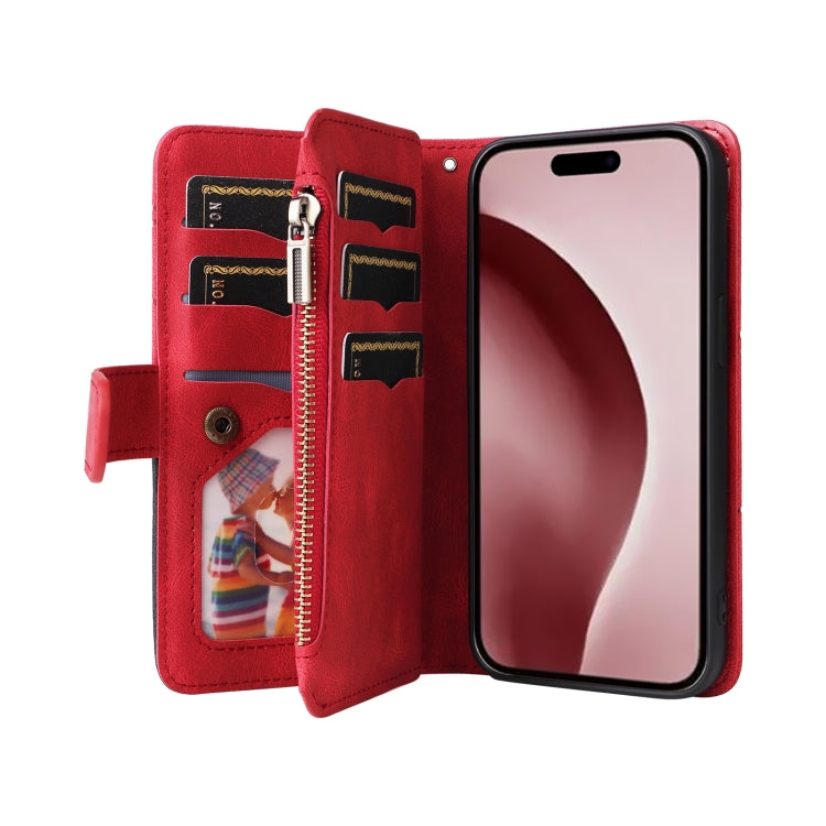 For iPhone 16 Pro Dual-color 9 Card Slots Zipper Wallet Leather Phone Case(Red) - iPhone 16 Pro Cases by buy2fix | Online Shopping UK | buy2fix