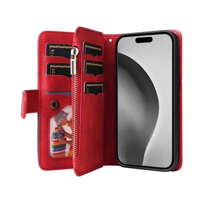 For iPhone 16 Pro Max Dual-color 9 Card Slots Zipper Wallet Leather Phone Case(Red) - iPhone 16 Pro Max Cases by buy2fix | Online Shopping UK | buy2fix