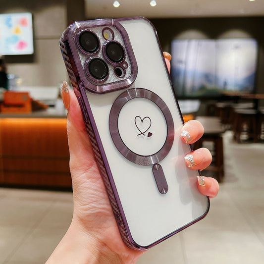 For iPhone 14 Pro Loves Carbon Fiber Clear Plated Magsafe TPU Phone Case(Purple) - iPhone 14 Pro Cases by buy2fix | Online Shopping UK | buy2fix