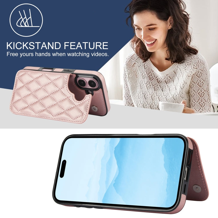 For iPhone 16 Plus Double Buckle Rhombic PU Leather Phone Case(Rose Gold) - iPhone 16 Plus Cases by buy2fix | Online Shopping UK | buy2fix