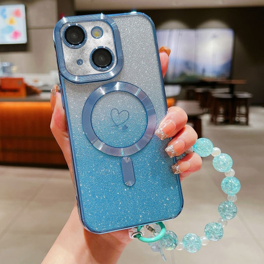 For iPhone 14 Plus Loves Gradient Glitter Bracelets Carbon Fiber Magsafe TPU Phone Case(Blue) - iPhone 14 Plus Cases by buy2fix | Online Shopping UK | buy2fix