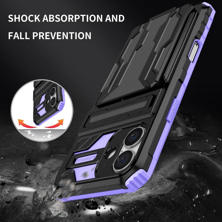 For iPhone 16 Plus Kickstand Armor Card Wallet Phone Case(Purple) - iPhone 16 Plus Cases by buy2fix | Online Shopping UK | buy2fix