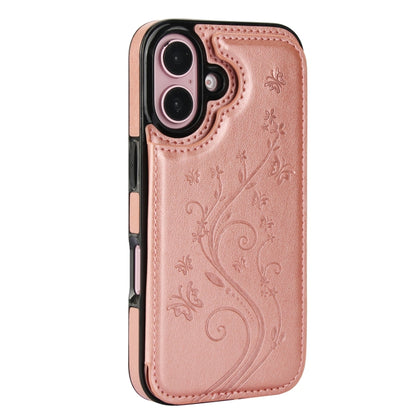 For iPhone 16 Plus Double Buckle Butterfly Embossing PU Phone Case(Rose Gold) - iPhone 16 Plus Cases by buy2fix | Online Shopping UK | buy2fix