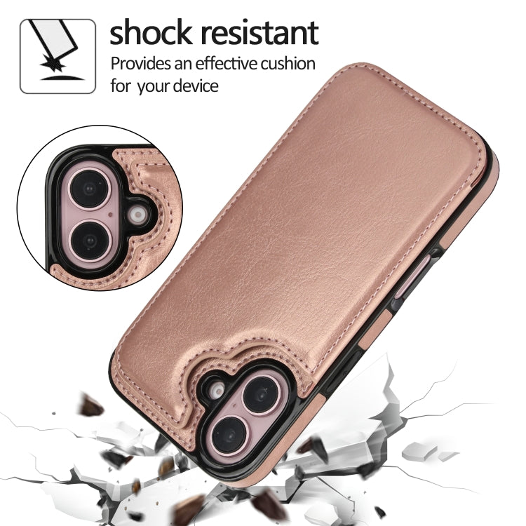 For iPhone 16 Plus Double Buckle Crazy Horse Texture PU Phone Case(Rose Gold) - iPhone 16 Plus Cases by buy2fix | Online Shopping UK | buy2fix