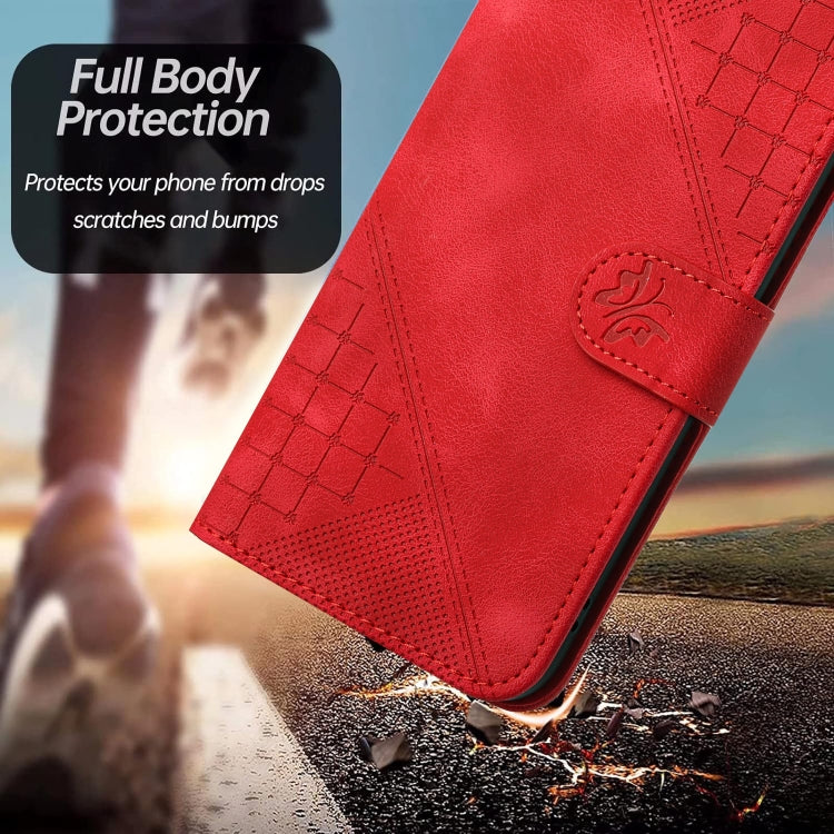 For OnePlus 11 YX0080 Grid Butterfly Embossed Pattern Flip Leather Phone Case with Lanyard(Red) - OnePlus Cases by buy2fix | Online Shopping UK | buy2fix