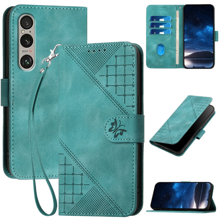 For Sony Xperia 1 VI 2024 YX0080 Grid Butterfly Embossed Pattern Flip Leather Phone Case with Lanyard(Light Blue) - Sony Cases by buy2fix | Online Shopping UK | buy2fix