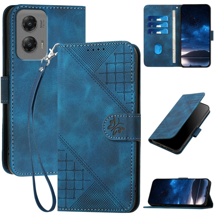 For Motorola Moto G Stylus 5G 2024 YX0080 Grid Butterfly Embossed Pattern Flip Leather Phone Case with Lanyard(Dark Blue) - Motorola Cases by buy2fix | Online Shopping UK | buy2fix