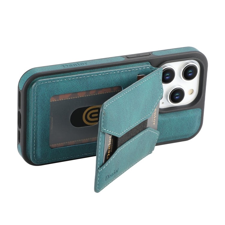 For iPhone 15 Denior D18 Skin Feel Rotating Holder MagSafe Detachable Card Slot Phone Case(Blue) - iPhone 15 Cases by Denior | Online Shopping UK | buy2fix