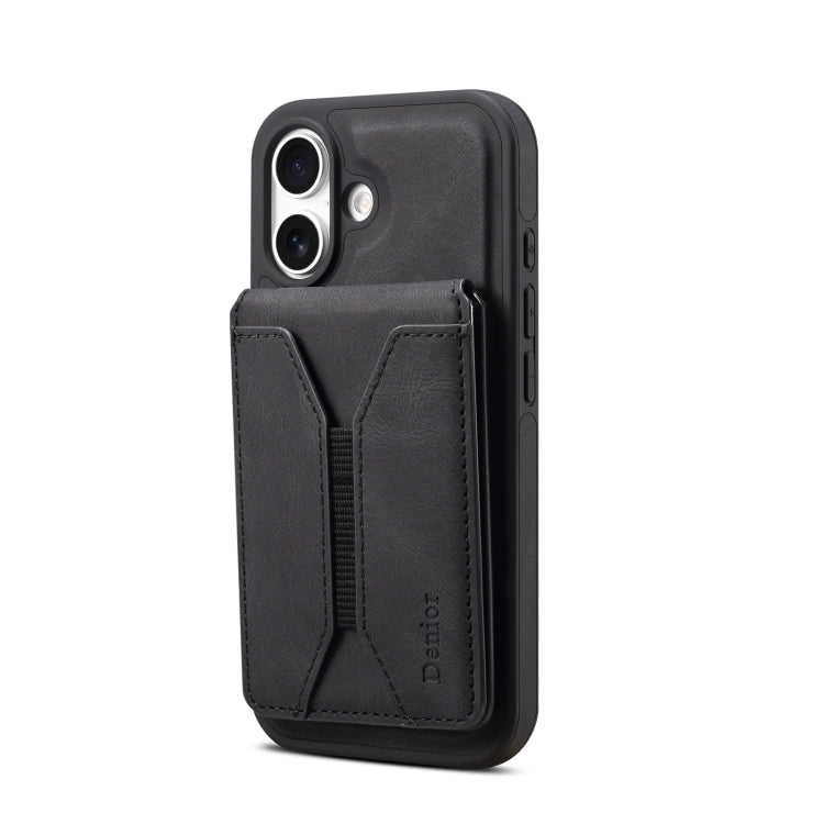 For iPhone 16 Plus Denior D18 Skin Feel Rotating Holder MagSafe Detachable Card Slot Phone Case(Black) - iPhone 16 Plus Cases by Denior | Online Shopping UK | buy2fix