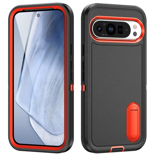 For Google Pixel 9 Rugged PC + Silicone Phone Case with Holder(Black+Orange) - Google Cases by buy2fix | Online Shopping UK | buy2fix