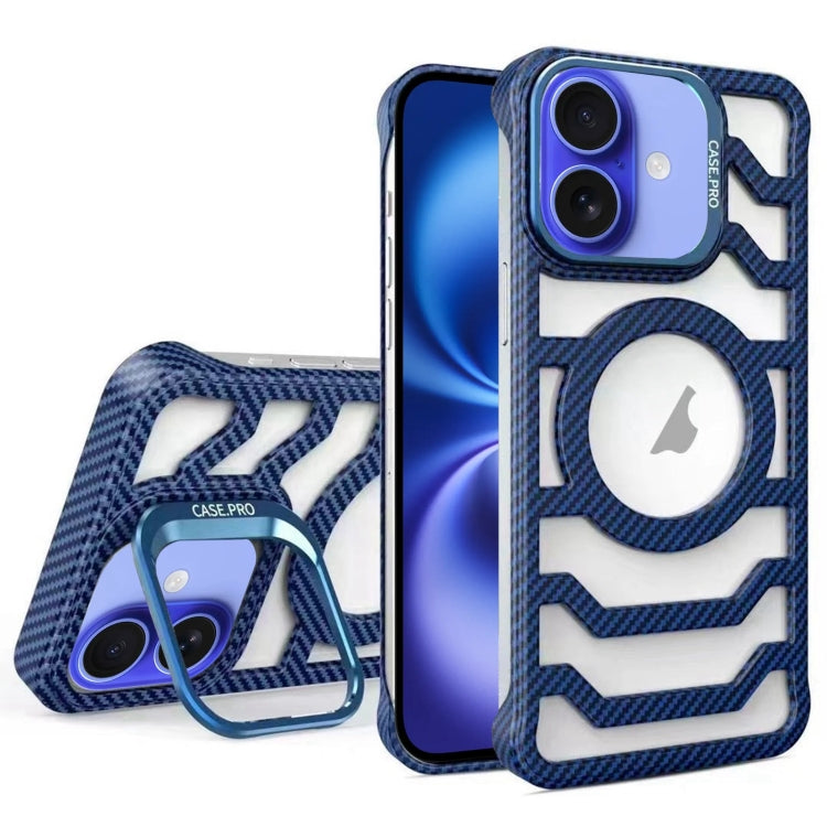 For iPhone 16 Plus Borderless Carbon Fiber Lens Protection Bracket MagSafe Phone Case(Blue) - iPhone 16 Plus Cases by buy2fix | Online Shopping UK | buy2fix