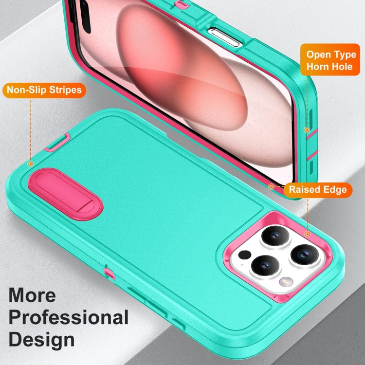 For iPhone 16 Pro Rugged PC + Silicone Phone Case with Holder(Light Green+Rose Red) - iPhone 16 Pro Cases by buy2fix | Online Shopping UK | buy2fix