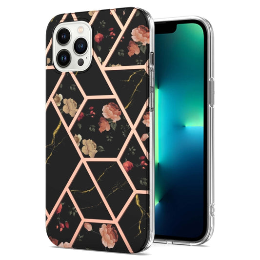 For iPhone 16 Pro Splicing Marble Flower IMD TPU Phone Case(Black Flower) - iPhone 16 Pro Cases by buy2fix | Online Shopping UK | buy2fix