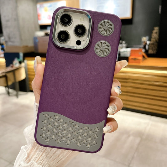 For iPhone 16 Pro Leather Textured Fan Hollow Cooling MagSafe Magnetic Phone Case(Purple) - iPhone 16 Pro Cases by buy2fix | Online Shopping UK | buy2fix