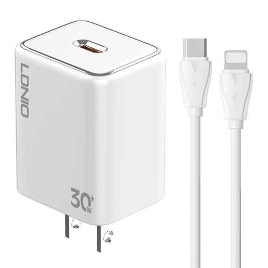 LDNIO A1508C PD30W USB-C / Type-C Fast Charger with 1m 8 Pin Cable(White) - USB Charger by LDNIO | Online Shopping UK | buy2fix