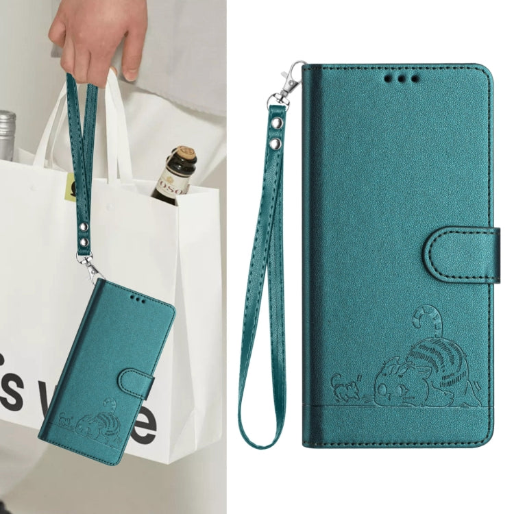 For Samsung Galaxy S25 5G Cat Rat Embossed RFID Leather Phone Case with Lanyard(Peacock Green) - Galaxy S25 5G Cases by buy2fix | Online Shopping UK | buy2fix