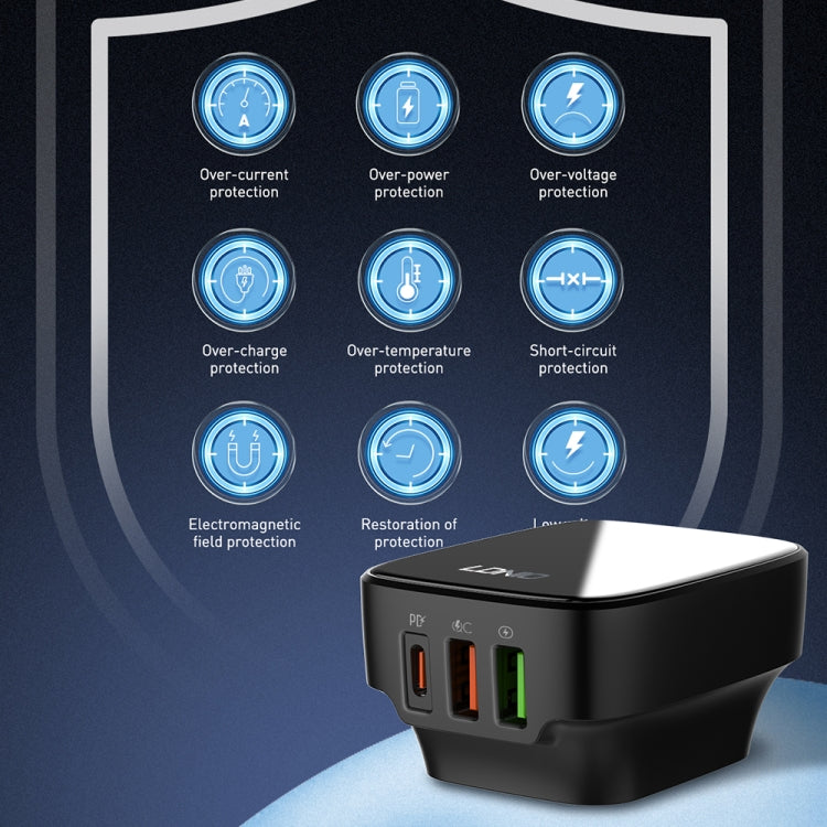 LDNIO Q334 32W Type-C + Dual USB Port Charger with 1m 8 Pin Data Cable, Plug Type:EU Plug(Black) - USB Charger by LDNIO | Online Shopping UK | buy2fix