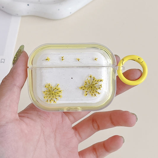 For AirPods Pro 2 Glitter Snowflake Epoxy Dried Flowers Earbuds Box TPU Case(Yellow) - For AirPods Pro 2 by buy2fix | Online Shopping UK | buy2fix