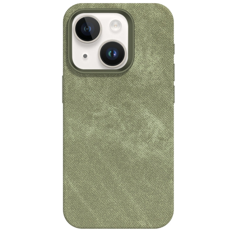 For iPhone 14 Skin Feel Denim Leather MagSafe Phone Case(Khaki Green) - iPhone 14 Cases by buy2fix | Online Shopping UK | buy2fix