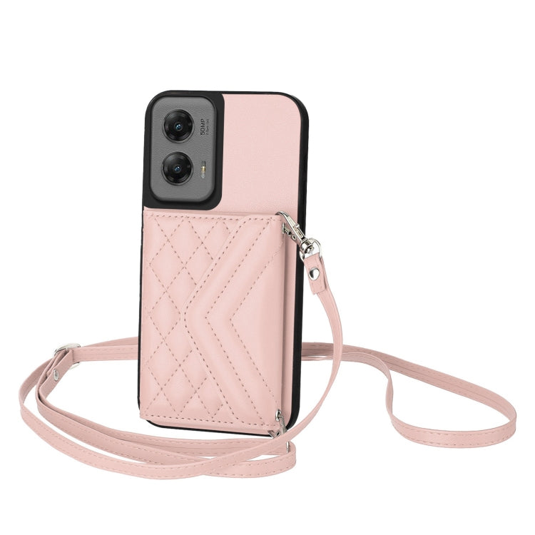 For Motorola Moto G Stylus 5G 2024 Rhombic Texture Card Bag RFID Phone Case with Long Lanyard(Rose Gold) - Motorola Cases by buy2fix | Online Shopping UK | buy2fix