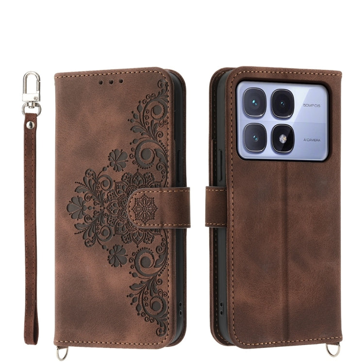 For Redmi K70 Ultra Skin Feel Flowers Embossed Wallet Leather Phone Case(Brown) - Xiaomi Cases by buy2fix | Online Shopping UK | buy2fix