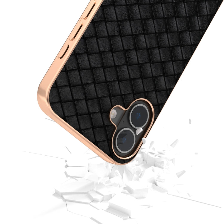 For iPhone 16 Electroplated Frame Woven Texture PU Phone Case(Black) - iPhone 16 Cases by buy2fix | Online Shopping UK | buy2fix