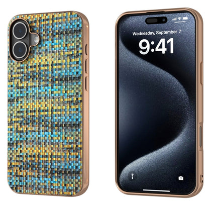 For iPhone 16 Electroplated Frame Color Lattice Texture PU Phone Case(Gold) - iPhone 16 Cases by buy2fix | Online Shopping UK | buy2fix