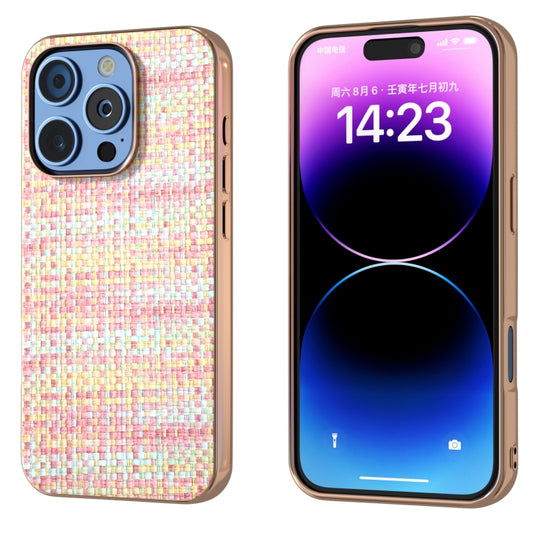 For iPhone 16 Pro Max Electroplated Frame Color Lattice Texture PU Phone Case(Pink) - iPhone 16 Pro Max Cases by buy2fix | Online Shopping UK | buy2fix