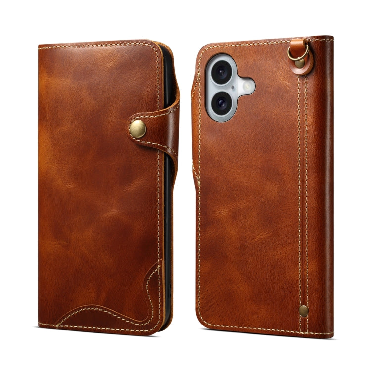 For iPhone 16 Denior B01 Oil Wax Cowhide Magnetic Button Genuine Leather Case(Brown) - iPhone 16 Cases by Denior | Online Shopping UK | buy2fix