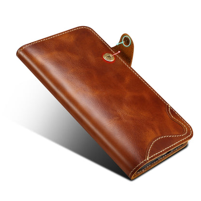 For iPhone 16 Denior B01 Oil Wax Cowhide Magnetic Button Genuine Leather Case(Brown) - iPhone 16 Cases by Denior | Online Shopping UK | buy2fix