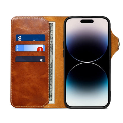 For iPhone 16 Pro Max Denior B01 Oil Wax Cowhide Magnetic Button Genuine Leather Case(Brown) - iPhone 16 Pro Max Cases by Denior | Online Shopping UK | buy2fix