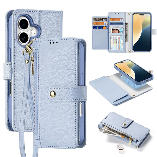 For iPhone 16 Plus DUX DUCIS Lawa Series Zipper Wallet Phone Case with Lanyard(Light Blue) - iPhone 16 Plus Cases by DUX DUCIS | Online Shopping UK | buy2fix