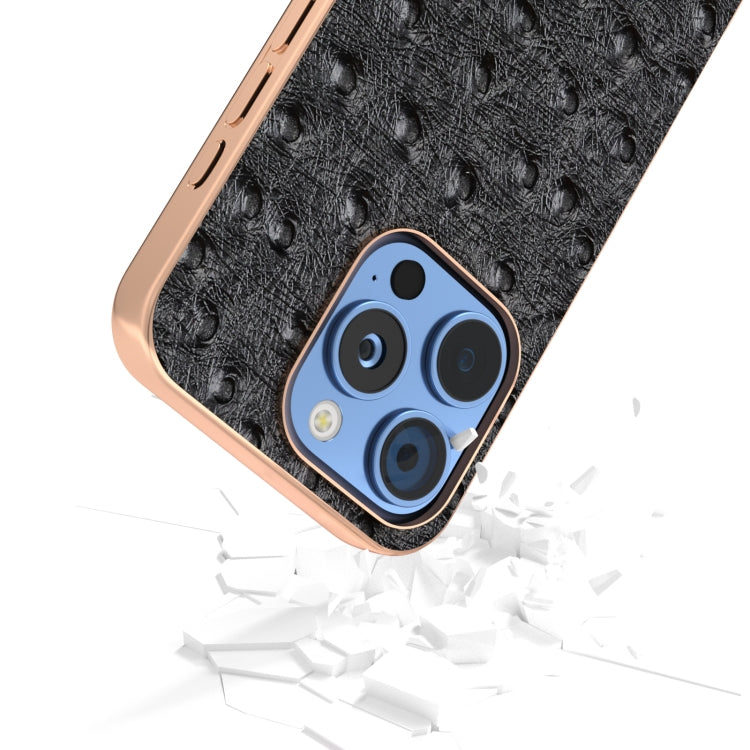 For iPhone 16 Pro ABEEL Electroplating Frame Genuine Leather Ostrich Texture Phone Case(Black) - iPhone 16 Pro Cases by buy2fix | Online Shopping UK | buy2fix