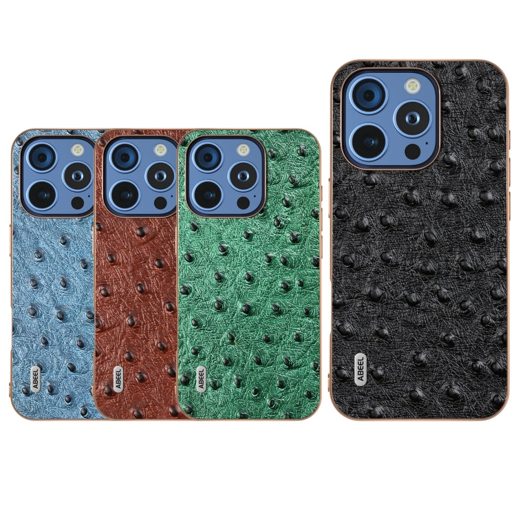 For iPhone 16 Pro ABEEL Electroplating Frame Genuine Leather Ostrich Texture Phone Case(Black) - iPhone 16 Pro Cases by buy2fix | Online Shopping UK | buy2fix