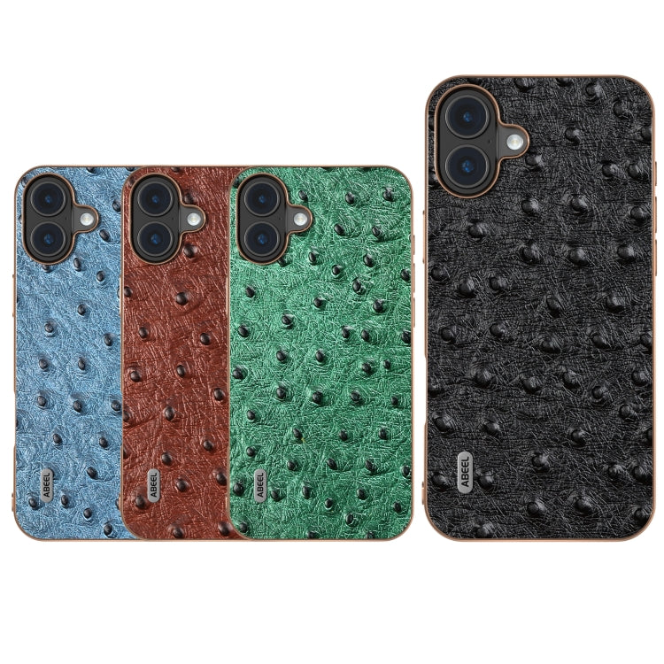 For iPhone 16 Plus ABEEL Electroplating Frame Genuine Leather Ostrich Texture Phone Case(Coffee) - iPhone 16 Plus Cases by buy2fix | Online Shopping UK | buy2fix